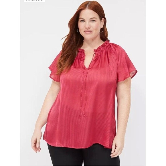 Lane Bryant Blouse Flutter Sleeve‎ Ruffle Neckline Tie Front Red Plus Size 22/24 - Picture 1 of 6